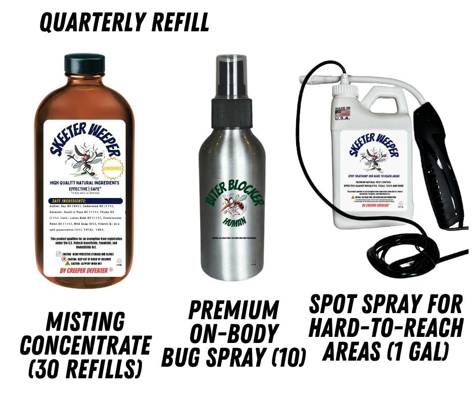 WHOLESALE QUARTERY REFILL PLAN (FREE FIRST BUNDLE): MISTING SOLUTION CONCENTRATE (30 refills) + PREMIUM ON-BODY REPELLENTS (10) + SPRAY FOR HARD-TO-REACH AREAS (1 GAL)