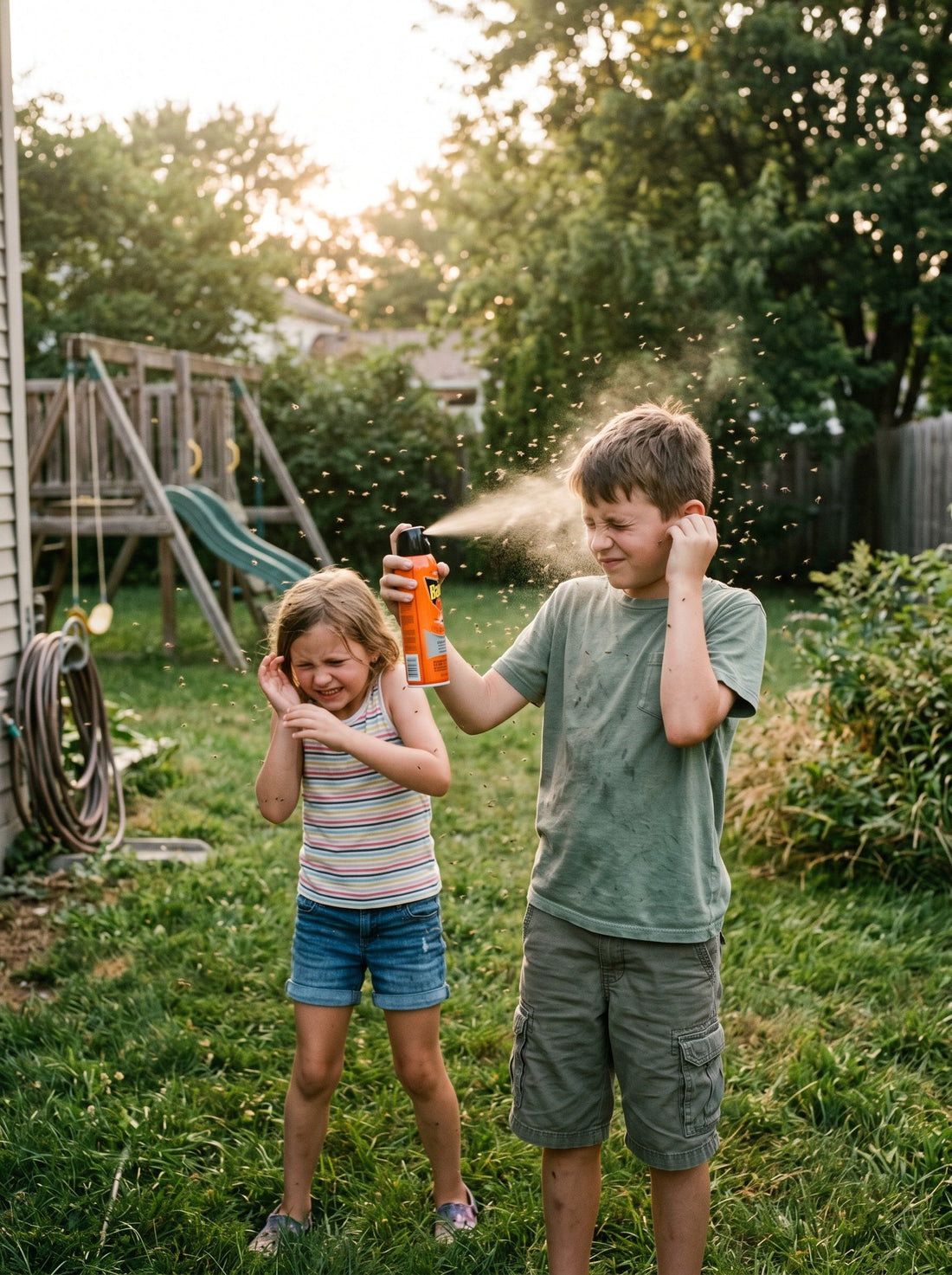 A backyard patio being sprayed with conventional mosquito repellent aerosol near grass and outdoor furniture.